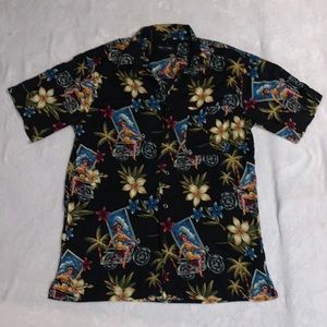 marc edwards vintage motorcycle tropical print button up